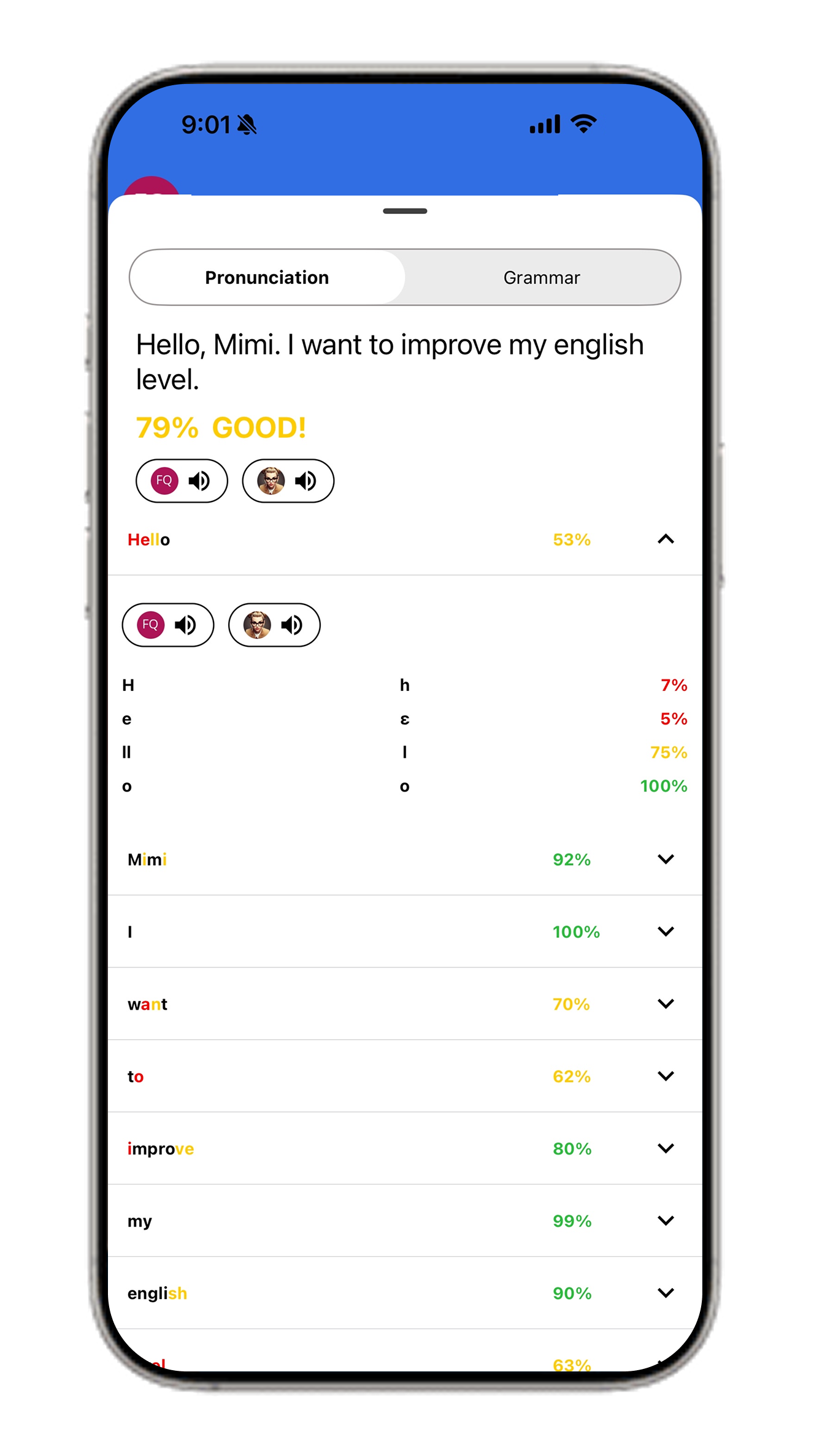 Pronunciation feedback screen